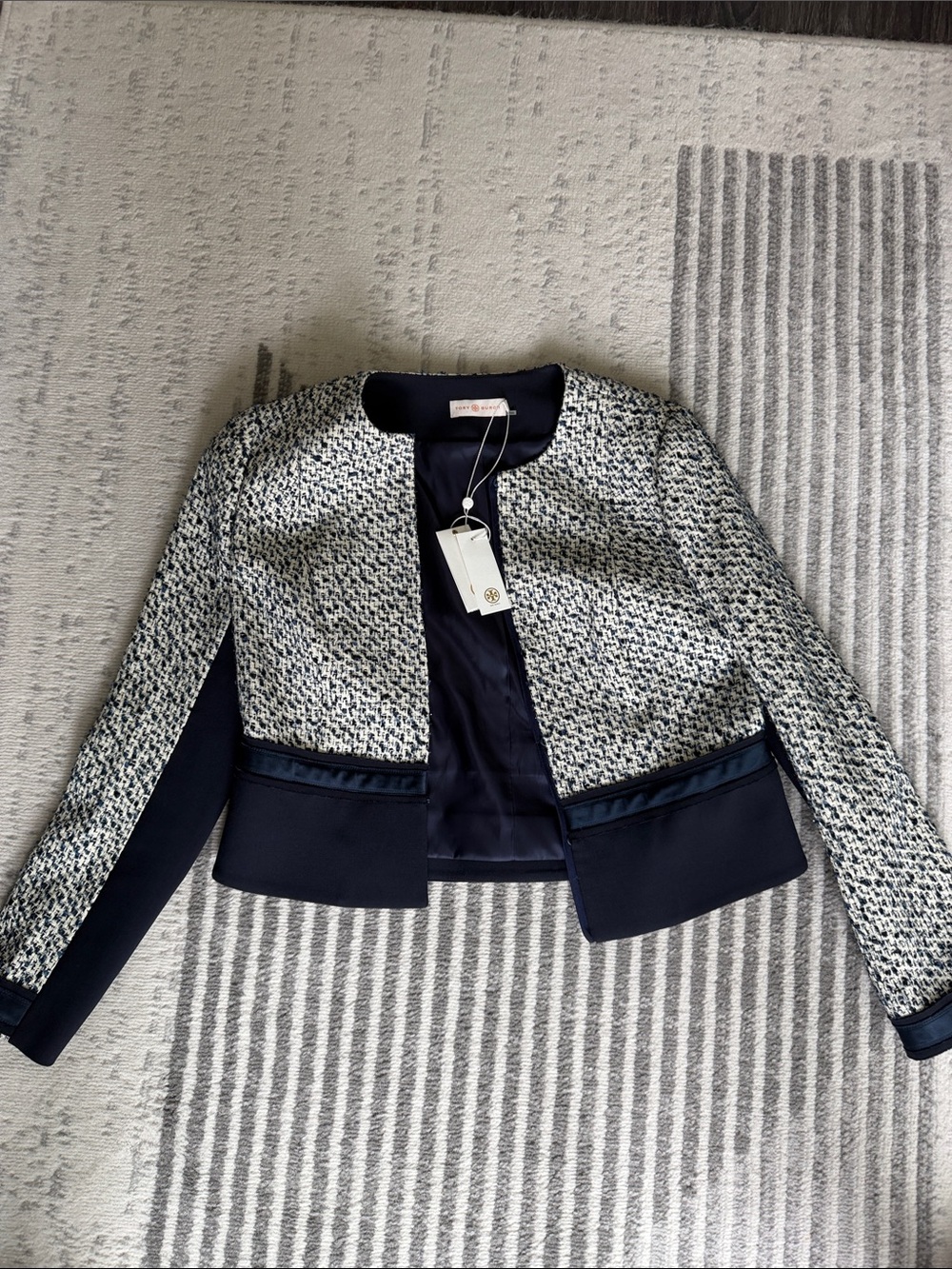 Tory Burch Navy and White Textured Cropped Blazer